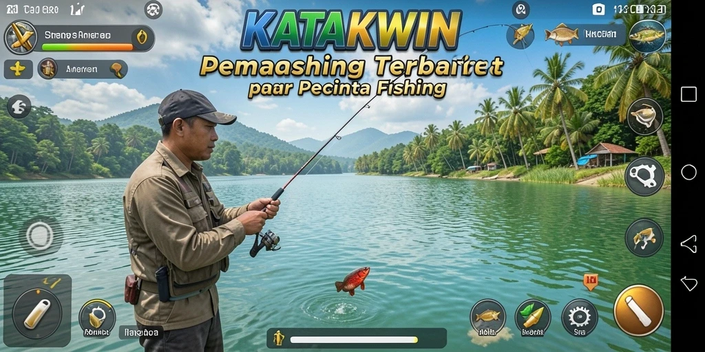 Screenshot gameplay KATAKWIN menampilkan suasana memancing yang menegangkan.