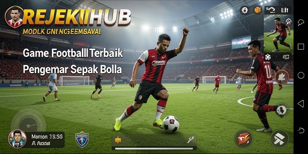 Screenshot utama menunjukkan gameplay intens sepak bola di REJEKIHUB.