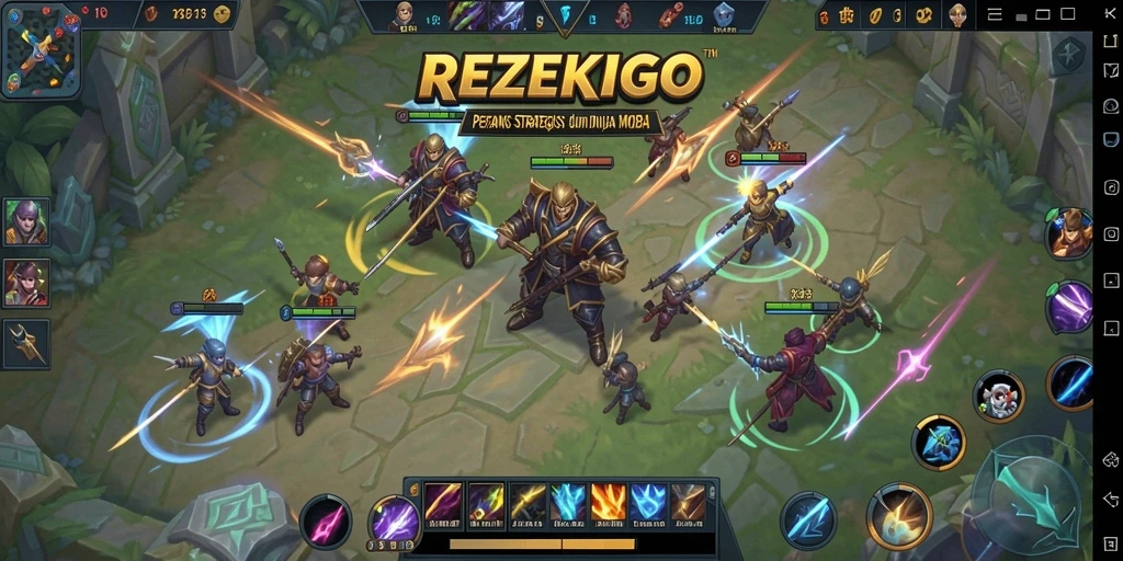 Gameplay MOBA seru dengan pertempuran tim strategis.