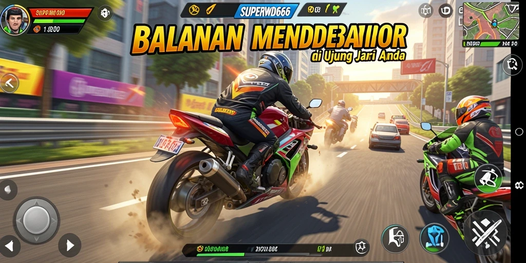 Screenshot gameplay SUPERWD666 menampilkan aksi balapan motor yang mendebarkan.
