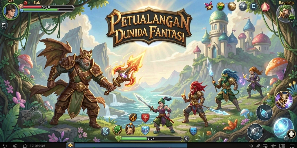 Tangkapan layar gameplay V21 menampilkan pertarungan mendebarkan dan dunia fantasi yang indah.