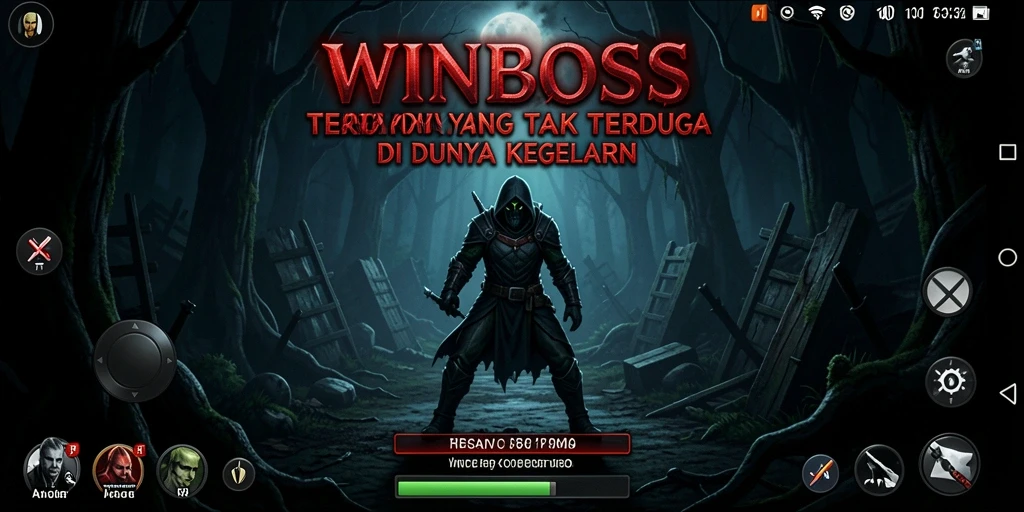 Tangkapan layar permainan WINBOSS menampilkan karakter menghadapi makhluk menakutkan dalam kegelapan.